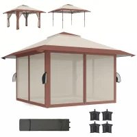 Outsunny Tonnelle pliante barnum parois en filet et protection UV50+ hauteur réglable et double toit sacs de lestage 4x4m beige(m-13)