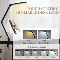 HOMCOM LED Desk Lamp, Dimmable Desk Light with Swing Arm and Clamp, Adjustable Eye-Caring Table Lamp with 2 Colour Modes & 5 Brightness Levels for Study, Drawing, Office, Architect, Task, Black(m-4)