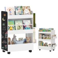 AIYAPLAY Bibliothèque pour enfant avec roulettes, rangement livre enfant de 3 à 8 ans avec tableau noir, 66,5x32,5x86,5cm, blanc(m-11)