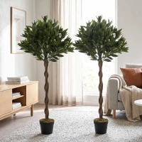 Outsunny Artificial Bay Laurel Topiary Trees with Twisted Trunk, Realistic Lush Topiary Ball Tree with Weighted Pot, Set of 2(m-2)