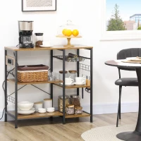 HOMCOM Estantería de Cocina con Toma de Corriente Estantes Ajustables Ganchos y Cesta Metálica 90x40x83 cm Marrón Rústico(m-10)