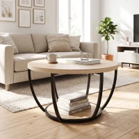 HOMCOM Mesa de Centro Mesa de Café Redonda para Salón con Estante de Almacenaje y Marco de Metal 80x80x43,8 cm Roble(m-9)