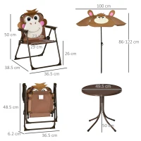 Outsunny Kids Bistro Table and Chair Set, Outdoor Folding Garden Furniture w/Monkey Design, Removable, Adjustable Sun Umbrella, Ages 3-6 Years - Brown(m-3)