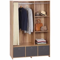 HOMCOM Armoire penderie armoire de rangement avec tringle rideaux 3 tiroirs en tissu amovibles 105 x 48 x 160 cm naturel(m-1)