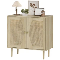HOMCOM Buffet de cuisine meuble de rangement double portes avec 2 niveaux, façade en cannage 80 x 38 x 79 cm effet bois naturel(m-12)