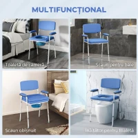 HOMCOM Scaun WC 5 în 1 pentru Vârstnici și Persoane cu Dizabilități, pentru Toaletă și Duș, Reglabil pe Înălțime, cu Recipient Detașabil, Albastru deschis(m-4)