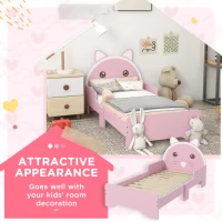 ZONEKIZ Bed for Kids Cat Design Toddler Bed Frame Bedroom Furniture with Guardrails, for 3-6 Years, 143L x 74W x 72Hcm - Pink(m-4)