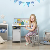 HOMCOM Escritorio Infantil de Madera con Silla y Mesa con Organizador y Pizarra Blanca para +5 Años 90x45x85 cm Gris(m-2)