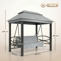 Outsunny 3 Seater Swing Chair 3-in-1 Convertible Garden Swing Seat Bed Gazebo Patio Bench Outdoor with Double Tier Canopy, Cushioned Seat, Mesh Sidewalls, Grey(m-4)