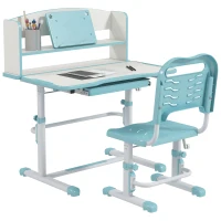 ZONEKIZ Set Scrivania per Bambini con Sedia Regolabile in Altezza e Piano Inclinabile, Età 6-12 Anni, Blu(m-1)