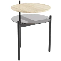 HOMCOM Măsuță laterală rotundă cu poliță deschisă din sticlă pentru spații mici, living, dormitor, 41,8 x 39,8 x 53,5 cm, stejar(m-1)
