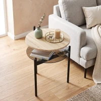 HOMCOM Măsuță laterală rotundă cu poliță deschisă din sticlă pentru spații mici, living, dormitor, 41,8 x 39,8 x 53,5 cm, stejar(m-5)