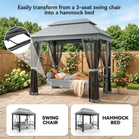 Outsunny 3 Seater Swing Chair 3-in-1 Convertible Garden Swing Seat Bed Gazebo Patio Bench Outdoor with Double Tier Canopy, Cushioned Seat, Mesh Sidewalls, Grey(m-5)