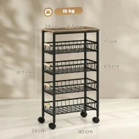 HOMCOM Metal Kitchen Trolley, 4-Tier Storage Trolley with Pull-Out Baskets and 4 Swivel Casters for Kitchen, Rustic Brown(m-3)