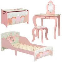 ZONEKIZ Kids Bedroom Furniture Set Includes Bed Frame, Toy Chest, Dressing Table for Ages 3-6 Years, Pink(m-11)