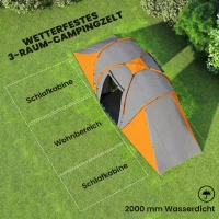 Outsunny Tunnelzelt, 2000mm Wasserabweisend Campingzelt für 4 Personen, mit 2 Schlafzimmern Wohnbereich Tragetasche Grau+Orange(m-4)