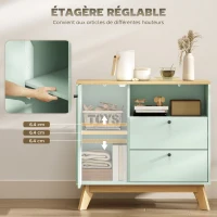 HOMCOM Buffet salon, meuble de rangement avec porte, 2 tiroirs, compartiment ouvert et étagère réglable, vert clair et chêne(m-5)