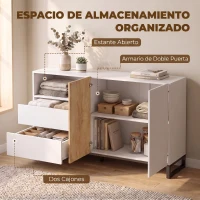 HOMCOM Aparador de Salón de 2 Puertas con 2 Cajones Compartimento Abierto y Estante Ajustable 140x40x85 cm Blanco y Roble(m-5)