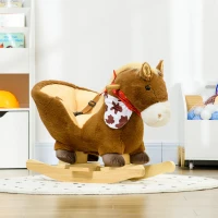 HOMCOM Cavallo a Dondolo per Bambini da 18-36 Mesi con Suoni Realistici, 60x33x50 cm, Marrone e color Legno(m-10)