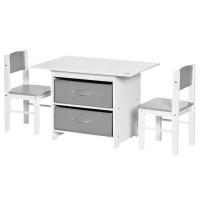 HOMCOM 3 Pcs Kids Table & Chairs Set Mini Seating Furniture Home Playroom Bedroom Dining Room w/ Storage Drawers Safe Corners for 2-4 Years old White(m-10)