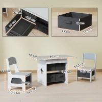 AIYAPLAY Set Tavolo e Sedie per Bambini 3-8 Anni con 6 Cassetti e Bordi Arrotondati, in Legno e Tessuto, Grigio e Bianco(m-3)