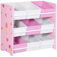ZONEKIZ Mobiletto Portagiochi con 9 Cestini Rimovibili in Legno e Tessuto, 63x30x60 cm, Rosa e Bianco(m-1)
