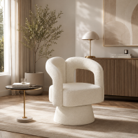 Designer-Drehstuhl für Büro, gepolstert mit Bouclé-Stoff, Tonnenform für Wohnzimmer und Büro, Beige