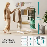 HOMCOM Étendoir à Linge 4 Niveaux, Sechoir a Linge avec 6 Roulettes, Pliable, Cadre en Acier Inoxydable et Ailes Latérales, pour Intérieur Extérieur, 142 x 55 x 172 cm, Blanc(m-4)