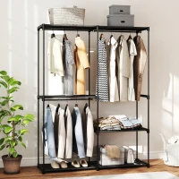 HOMCOM Draagbaar kledingrek, metalen frame, stofplanken, veel ruimte, Zwart(m-2)