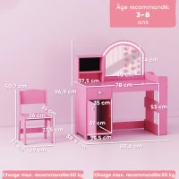 AIYAPLAY Coiffeuse pour enfants avec tabouret et miroir LED, table de maquillage pour 3 à 8 ans, 88,6 x 38,8 x 96,9 cm, rose(m-3)