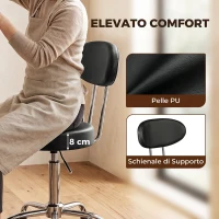 HOMCOM Sgabello con Ruote in Ecopelle PU, Regolabile, Seduta Imbottita e Schienale, Nero(m-5)