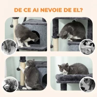 PawHut Ansamblu Multinivel pentru Pisici, 132 cm, cu Căsuță, Culcuș, Stâlpi de Zgâriat, Perie și Minge, Gri Închis(m-7)