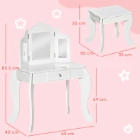 HOMCOM Masă de Toaletă pentru Copii cu Scaun și Oglindă Triplă, din Lemn și Acrilic, 63x40x85,5 cm, Albă(m-3)