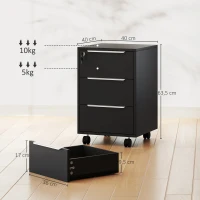 HOMCOM Schedario da Ufficio con 3 Cassetti, 4 Ruote, Cassettiera Ufficio con Serratura e 2 Chiavi, Nero(m-3)