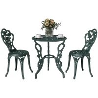 Outsunny Set 3 Pezzi Stile Vintage, Tavolo e 2 Sedie da Giardino in Alluminio, Colore Verde Antico, Decorazioni Floreali(m-8)