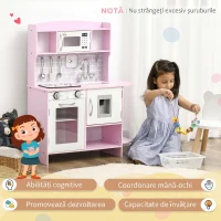 HOMCOM Bucătărie de Jucărie pentru Copii, cu Lumini și Sunete, Dozator Apă, Chiuvetă și Accesorii, MDF, PP, Roz(m-6)
