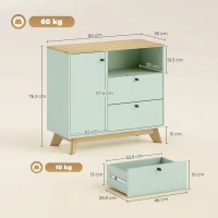 HOMCOM Buffet salon, meuble de rangement avec porte, 2 tiroirs, compartiment ouvert et étagère réglable, vert clair et chêne(m-3)