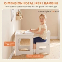 AIYAPLAY Set Tavolo e Sedia per Bambini 3-6 Anni in Legno con Piano Reversibile, Angoli Arrotondati, Bianco(m-5)