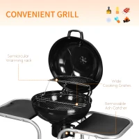 Outsunny Portable Charcoal Kettle Grill Outdoor Barbecue Trolley BBQ Heat Smoker Grilling with 2 Wheels, Storage Shelf and 4 Hooks, Free Standing, Black(m-4)