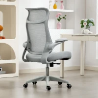 HOMCOM Silla de Oficina Ergonómica Giratoria de Malla con Soporte Lumbar Reposabrazos Abatibles Reposacabezas Basculante Gris(m-9)