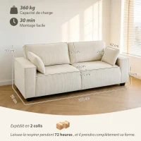 HOMCOM Canapé 3 places en velours côtelé 218 cm, canapé salon,  coussins à ressorts, larges accoudoirs, 2 coussins, beige(m-3)
