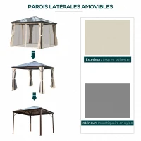 Outsunny Tonnelle pavillon de jardin imperméable 4 parois latérales anti-UV 4 moustiquaires panneaux polycarbonate alu 3L x 3l x 2,6H m chocolat beige(m-5)