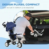 HOMCOM Triciclu Pătuț pentru Copii cu Mâner, Parasolar Reglabil și Centură de Siguranță, Albastru Închis(m-15)
