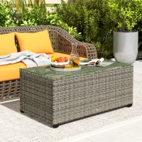 Outsunny Table basse de jardin, table d'appoint en résine tressée avec plateau en verre trempé, 90 x 50 x 38 cm, gris foncé(m-2)