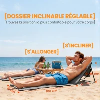 Outsunny Lot de 2 tapis de plage rembourré dossier inclinable multi-positions acier polyester gris(m-5)