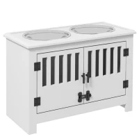 PawHut Comedouro Elevado para Cães com 2 Tigelas em Aço Inoxidável 2x2 L, Arrumação 37 L e 2 Portas com Trincos, Branco(m-1)
