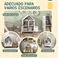 AIYAPLAY Librería Infantil de 3 Niveles Forma Casa con 3 Estantes y 2 Armarios para Guardería para Niños de 3 a 8 Años Blanco(m-6)