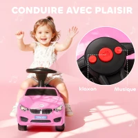 HOMCOM Porteur enfants voiture, véhicule à pousser avec coffre à jouets, klaxon, phares et musique, 63,5 x 28 x 36 cm, rose(m-9)