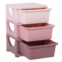 HOMCOM Organisateur de jouets pour enfants avec tiroirs à 3 niveaux, boîtes de rangement en plastique, 37 x 37 x 56,5 cm, rose(m-12)