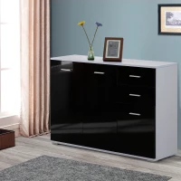 HOMCOM Armoire de rangement commode chambre/salon 2 tiroirs coulissants + 3 placards 106L x 35l x 76H cm MDF noir blanc(m-9)